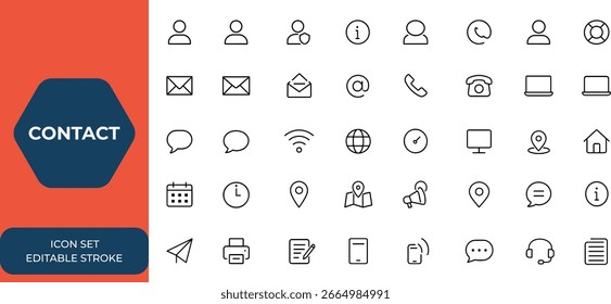 Conjunto de iconos de contacto de trazo editable, colección de iconos de redes sociales de línea delgada, Ilustración vectorial, símbolos de comunicación, conexión digital, Asistencia en línea, iconos de mensajes y más.