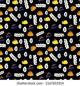 Editable Stroke. Contains such Icons as business symbols. Finance elements on black, white and yellow colors. Seamless pattern Simple Set of Money Related vector Line Icons.