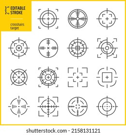 Editable stroke crosshairs icons. Target, reticle, detection, optical, focus, navigation, theodolite and sniper lines. Line thickness can be changed.