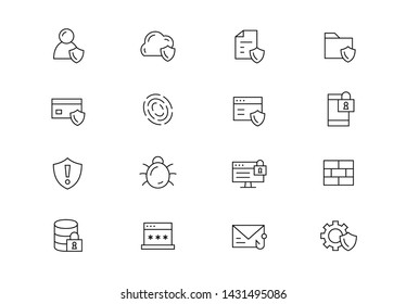 Editable Stroke. Cyber Security Thin Line Vector Icon Set. Data Protection, Personal Web Safety, Internet Scams, Biometrics, Authentication