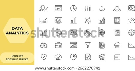 Editable stroke data analytics icon collection, thin line vector illustration with data analysis icons set, business intelligence, visualization, dashboard, statistics, report, trend, chart and more.