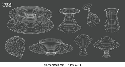 Editable stroke design elements. Set of wireframe geometric shapes. Geometric glass shapes from the white lines. 3D. Line thickness can be changed.