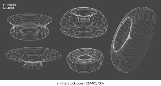 Editable stroke design elements. Set of wireframe geometric shapes. Geometric glass shapes from the white lines. 3D. Line thickness can be changed.