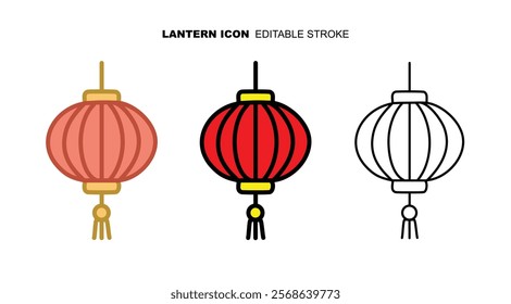 Editable stroke, different style, three simple line art icons of auspicious Chinese Lunar New Year red lanterns with gold tassels. Clean minimalist for greeting cards, social media, posters, websites.