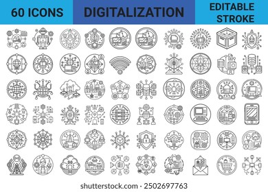 Editable Stroke Digitalization Line Icons: A versatile set of line icons representing server, networks, digital business, SEO, online marketing and many more. Suitable for use in digital designs.