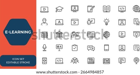 Editable stroke elearning icon set. Thin line vector icons collection for online education, digital learning, training, course, tutorial, study, technology, web design, UI, app, education, and more.