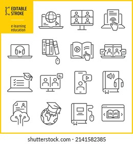 Editable stroke e-learning icons. Digital electronic communication design. Digital school, distance learning and online education concept. Line thickness can be changed.