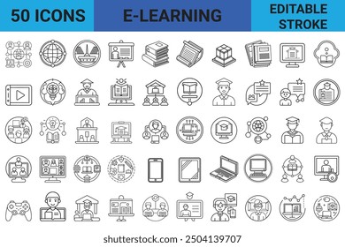 Editable Stroke E-Learning  Line Icons: A versatile set of line icons representing tests, assignments, projects, instructor feedback, education and many more. Suitable for use in digital designs.