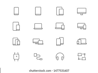  Trazo editable. Conjunto de iconos de vector de línea delgada de dispositivo electrónico