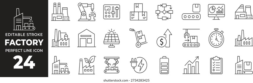 Editable Stroke Factory Line Icon Set with Industrial Manufacturing, Automation, Production, Logistics, Energy, Analytics and Smart Factory Symbols for Web, App and UI Design