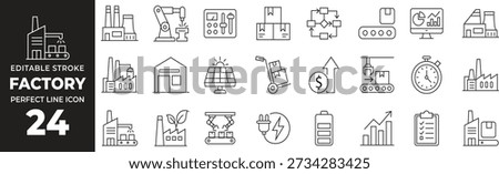 Editable Stroke Factory Line Icon Set with Industrial Manufacturing, Automation, Production, Logistics, Energy, Analytics and Smart Factory Symbols for Web, App and UI Design