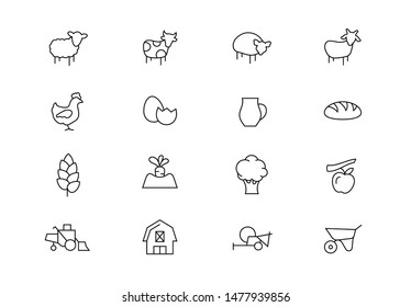 Editable stroke. Farm thin line vector icon set