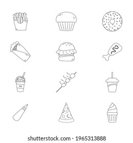 editable stroke, fast food icons, single line, transparent, French fries, muffin, doughnut, taco, burger, chicken wing, meat, milkshake, barbecue, grilled, soda, drink, sauce, ketchup, pizza, icecream