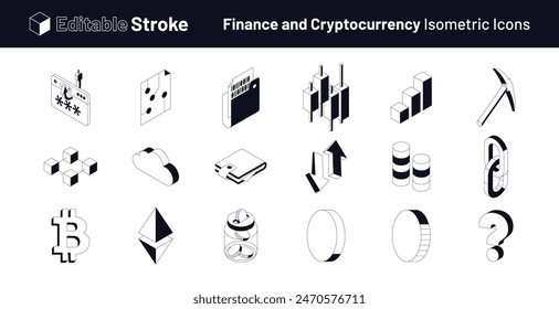 Editierbare Icons für Stroke Finance und Kryptowährung. Blockchain Kryptowährung isometrische, editierbare Strich Vektorillustration Set. Isometrisches Bitcoin, Blockchain, Cloud und mehr.