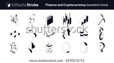 Editable Stroke Finance and Cryptocurrency Isometric Icons. Blockchain crypto currency isometric, editable stroke vector illustration set. Isometric Bitcoin, blockchain, cloud and more.