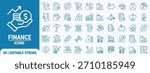 Editable stroke finance icon set, suitable for financial presentations, websites, apps, reports, and infographics illustrating concepts in a sleek, modern style