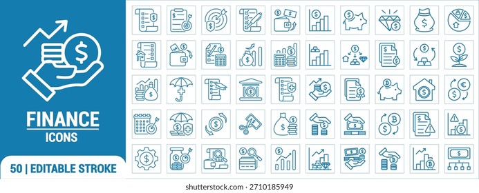 Conjunto de iconos de finanzas de trazo editable, adecuado para presentaciones financieras, Sitios web, App, informes e infografías que ilustran conceptos en un estilo elegante y moderno