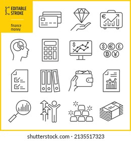 Actrazo editable, análisis financiero relacionado con iconos de línea vectorial. Conceptos de dinero, finanzas y pagos. Tarjeta de crédito, cartera, bolso de dinero, monedas y más. El espesor de la línea se puede cambiar.