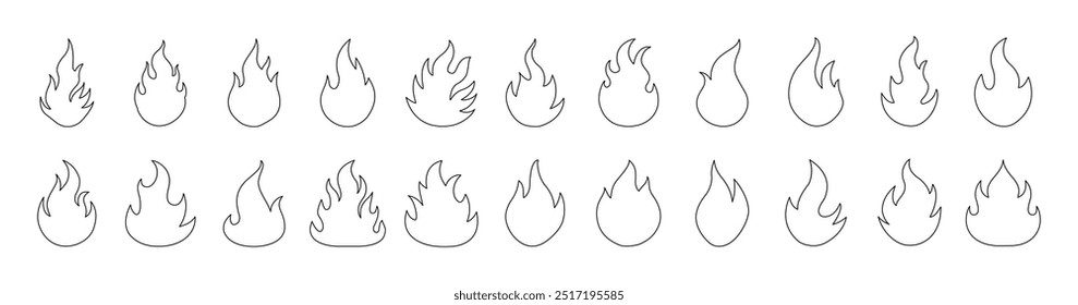 Colección de iconos de fuego de trazo editable. Símbolo de llama de fuego Ilustración vectorial de estilo plano. Peligro de hoguera Peligro de calor Caliente Signo Elemento de diseño Esquema Icono Set