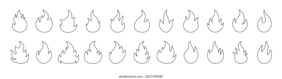 Colección de iconos de fuego de trazo editable. Símbolo de llama de fuego Ilustración vectorial de estilo plano. Peligro de hoguera Peligro de calor Caliente Signo Elemento de diseño Esquema Icono Set