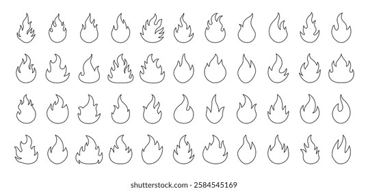 Editable Stroke Fire Icons Collection. Fire Flame Symbol Flat Style Vector Illustration. Campfire Bonfire Danger Heat Warm Sign Design Element Outline Icon Set