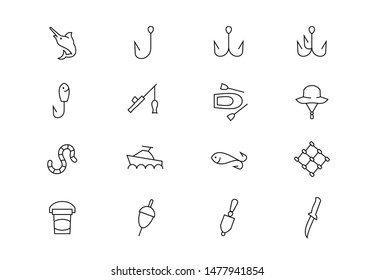 Editable stroke. Fishing thin line vector icon set