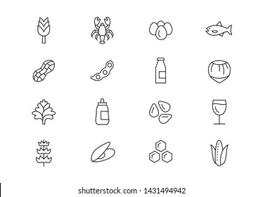 Editable stroke. Food allergens thin line vector icon set