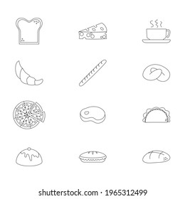 editable stroke, food icons, single line, transparent, slice of bread, cheese wedge, cup of tea, coffee, croissant, French bread, baguette, pretzel, pizza, meat, taco, pudding, pie, hot cross bun