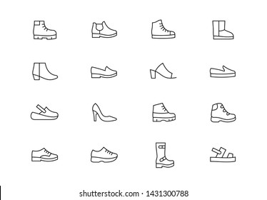 Editable stroke. Footwear thin line vector icon set. Different kinds of shoes pictograms