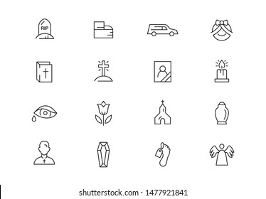 Editable stroke. Funeral service thin line vector icon set