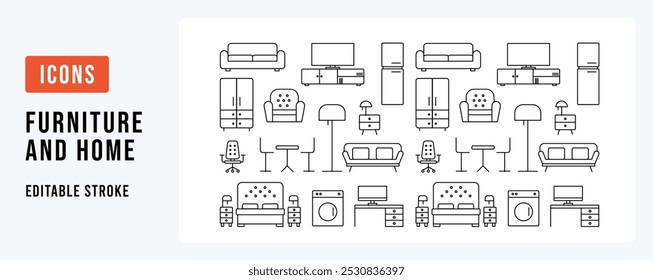 Editable stroke. Furniture and home ware icons representing various home furniture and appliances. Includes sofas, armchairs, beds, wardrobes, tables, refrigerators, washing machines, desks and lamps.