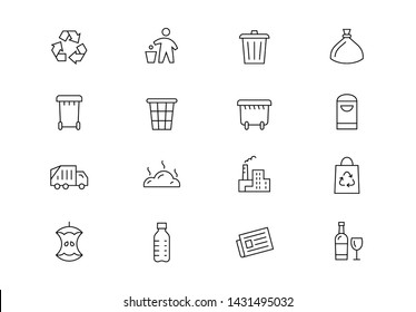 Editable Stroke. Garbage Thin Line Vector Icon Set. Waste Sorting, Collecting, Recycling Related Signs