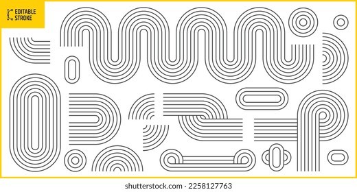 Editable stroke geometric vector lines. Outline circle collection. Retro, vintage, banner, advertisement, poster, billboard and web design elements. Line thickness can be changed.