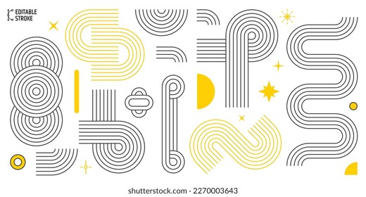 Editable stroke geometric vector lines. Outline circle collection. Retro, vintage, banner, advertisement, poster, billboard and web design elements. Line thickness can be changed.