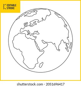 Editable Stroke Globe Drawing Of World Map. Vector Illustration Of Minimalist Design.