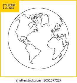 Editable Stroke Globe Drawing Of World Map. Vector Illustration Of Minimalist Design.