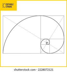 Editable stroke Golden Ratio and Golden Spiral. Vector illustration Fibonacci array and Fibonacci numbers. Line thickness can be changed.