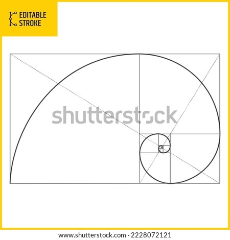 Editable stroke Golden Ratio and Golden Spiral. Vector illustration Fibonacci array and Fibonacci numbers. Line thickness can be changed.