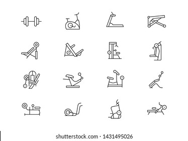 Editable Stroke. Gym Equipment Thin Line Vector Icon Set