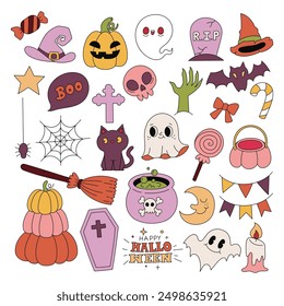 Editable Stroke Halloween Retro Groovy Doodle Vector Illustration with Cute Ghosts, Pumpkins, and Spooky Elements