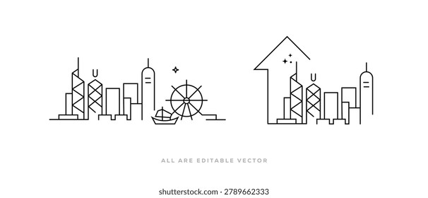 Editable Stroke Hong Kong Skyline Line Art Vector. China City Outline Icon. Star Ferry, Up Arrow Real Estate Growth and Ferris Wheel Vector Illustration