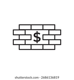 Ícone editável de traçado de uma parede de tijolos com símbolo de dólar, simbolizando proteção financeira, barreiras econômicas ou investimento seguro. Perfeito para aplicativos fintech, bancário, de seguros ou de negócios.