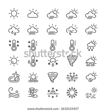 Editable Stroke icon collection. Weather Stroke icon collections. Containing Spring, Hail, Humidity, Fall, Fog, Winter, Snow, Wind, Rainy, and Seasons icons. weather icon vector, weather icons set