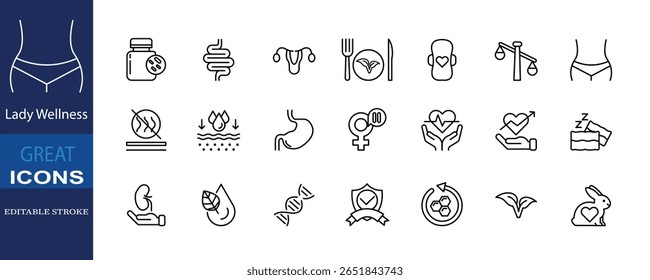 Editable stroke icon set about feminine health, intimate care, probiotics, and vaginal wellness. Ideal for packaging and medical infographics.