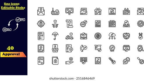 Editable stroke icon set for approval, featuring icons for acceptance, certification, thumbs up, agreement, approval, validation, approved seal, confirmation, and decision.