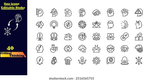 Editable stroke icon set for critical thinking, featuring icons for thinking, problem-solving, analysis, reasoning, evaluation, experience, research, logic, and listening.