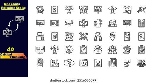 Conjunto de iconos de trazo editables para el pensamiento crítico, con iconos para pensar, resolver problemas, analizar, razonar, evaluar, experimentar, investigar, lógica y escuchar.