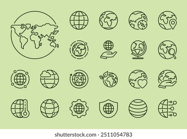 Editable stroke icon set with an Earth theme, perfect for environmental projects and nature-related designs. These customizable icons feature globes, world map, natural elements, and more.