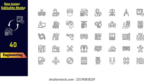 Conjunto de iconos de trazo editable para ingeniería, con iconos para planos, ingenieros, herramientas, construcción y mecánica.