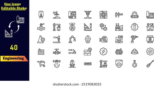 Editable stroke icon set for engineering, featuring icons for blueprints, engineers, tools, construction, and mechanics.